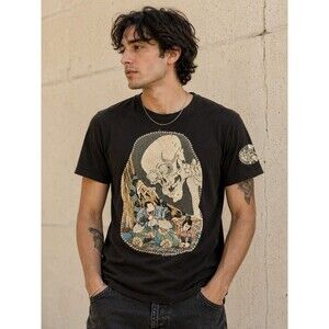 Rebel Yell Black Graphic Skull T-Shirt Japanese Art Patchwork Tee Streetwear...